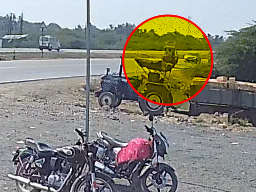 In Gujarat, a car collided with a bike and then a tractor. The biker was thrown off the car’s impact, and the tractor’s front wheel came off.